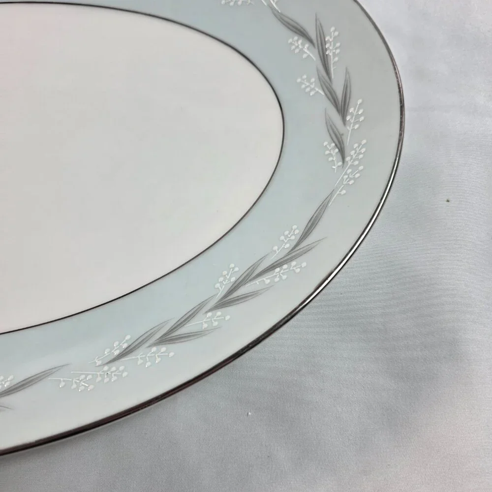 Noritake Sheldon Serving Platter 14 Inch White with Aqua Band and White Flowers